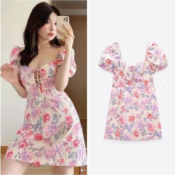 Zara Floral Off-Shoulder Puff Sleeve Dress, Size Large NWT - Picture 2 of 11